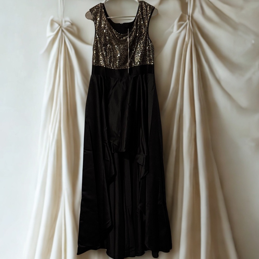 Ever Pretty Black and Gold Sleeveless Sequin and Satin High Low Dress Evening